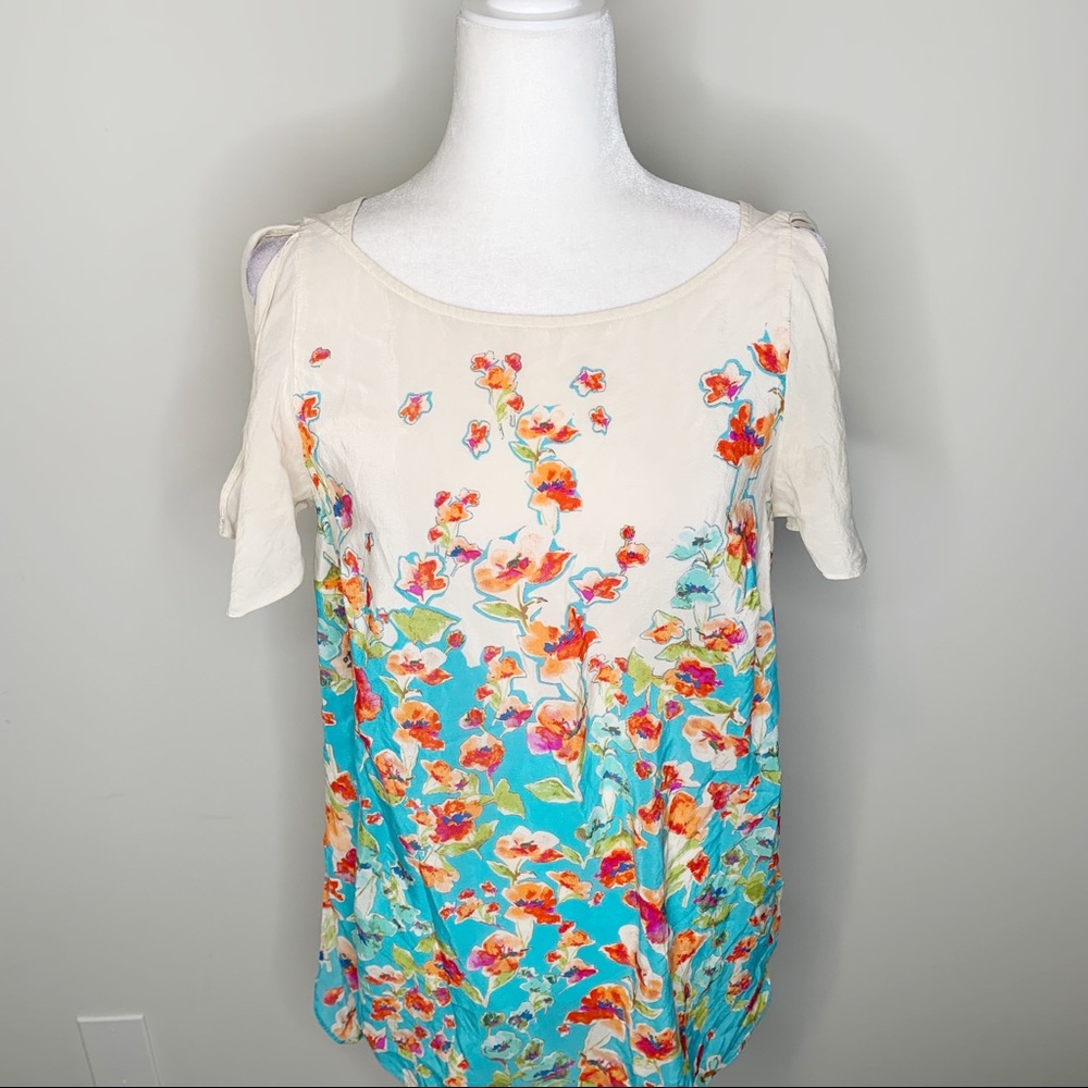 Maeve from Anthro 100% Silk Blue Floral Blouse Top